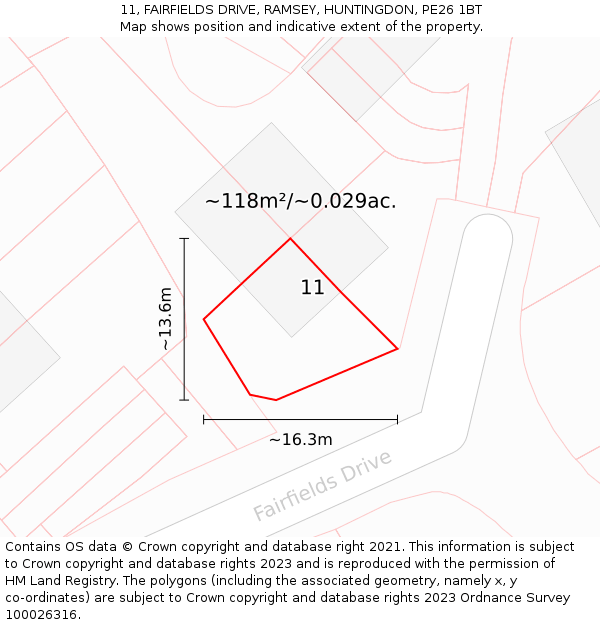 11, FAIRFIELDS DRIVE, RAMSEY, HUNTINGDON, PE26 1BT: Plot and title map