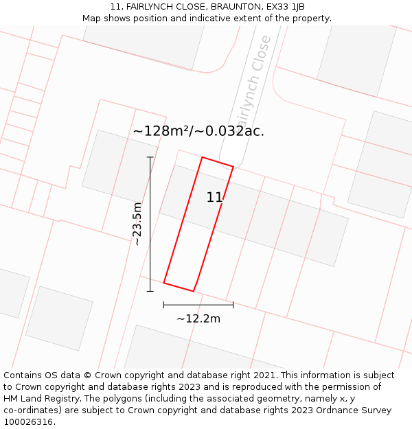 11, FAIRLYNCH CLOSE, BRAUNTON, EX33 1JB: Plot and title map