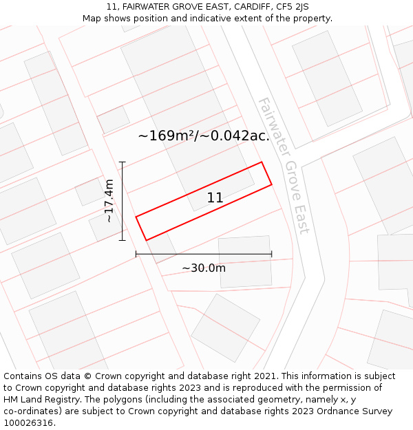 11, FAIRWATER GROVE EAST, CARDIFF, CF5 2JS: Plot and title map