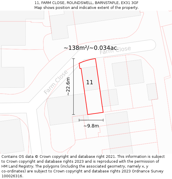 11, FARM CLOSE, ROUNDSWELL, BARNSTAPLE, EX31 3GF: Plot and title map