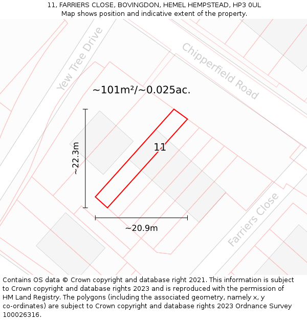 11, FARRIERS CLOSE, BOVINGDON, HEMEL HEMPSTEAD, HP3 0UL: Plot and title map