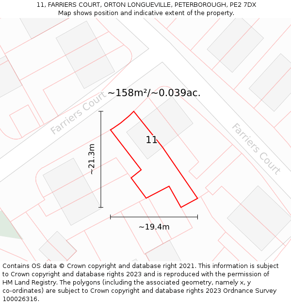 11, FARRIERS COURT, ORTON LONGUEVILLE, PETERBOROUGH, PE2 7DX: Plot and title map