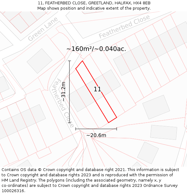 11, FEATHERBED CLOSE, GREETLAND, HALIFAX, HX4 8EB: Plot and title map