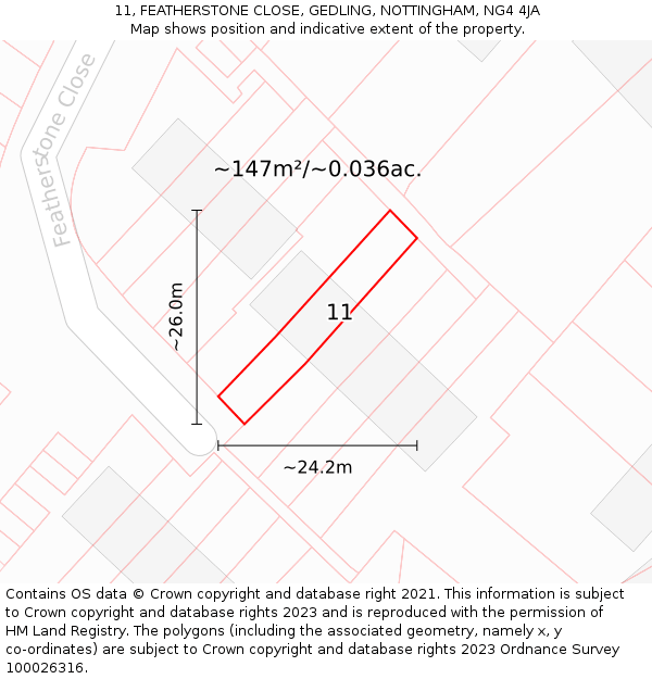 11, FEATHERSTONE CLOSE, GEDLING, NOTTINGHAM, NG4 4JA: Plot and title map