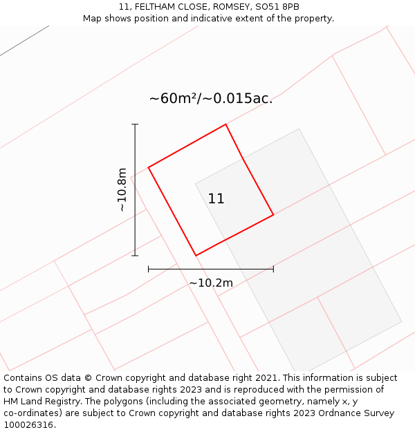 11, FELTHAM CLOSE, ROMSEY, SO51 8PB: Plot and title map