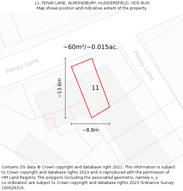 11, FENAY LANE, ALMONDBURY, HUDDERSFIELD, HD5 8UN: Plot and title map