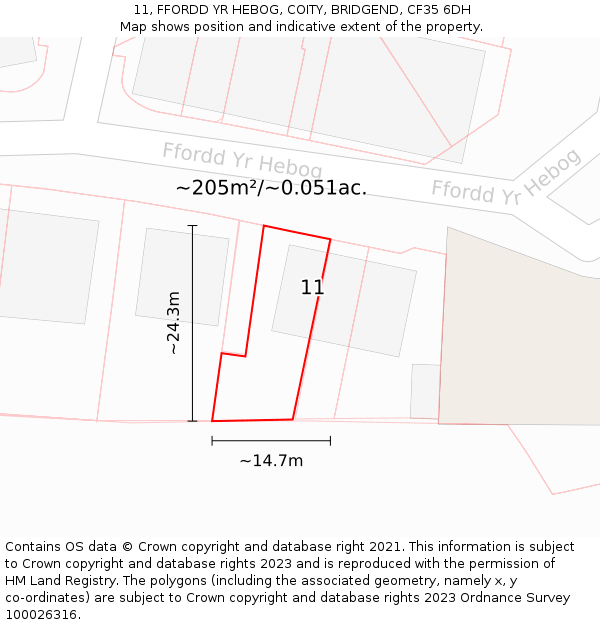11, FFORDD YR HEBOG, COITY, BRIDGEND, CF35 6DH: Plot and title map