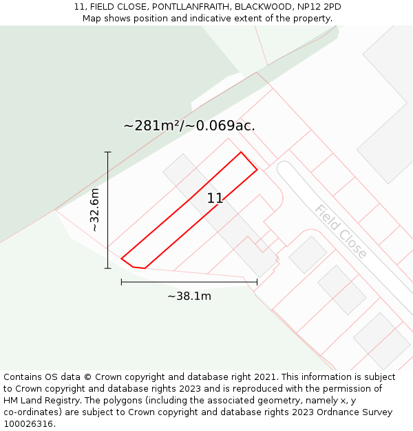 11, FIELD CLOSE, PONTLLANFRAITH, BLACKWOOD, NP12 2PD: Plot and title map