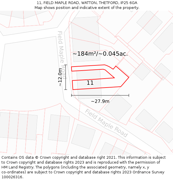 11, FIELD MAPLE ROAD, WATTON, THETFORD, IP25 6GA: Plot and title map