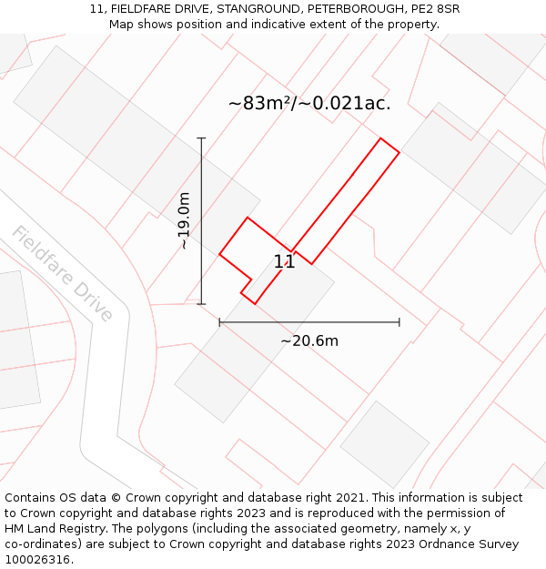 11, FIELDFARE DRIVE, STANGROUND, PETERBOROUGH, PE2 8SR: Plot and title map