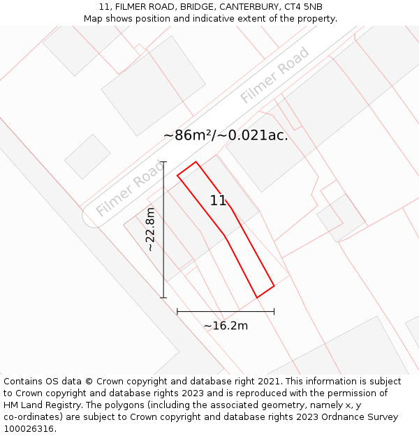 11, FILMER ROAD, BRIDGE, CANTERBURY, CT4 5NB: Plot and title map