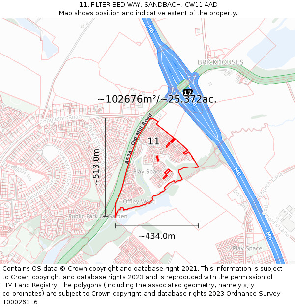 11, FILTER BED WAY, SANDBACH, CW11 4AD: Plot and title map