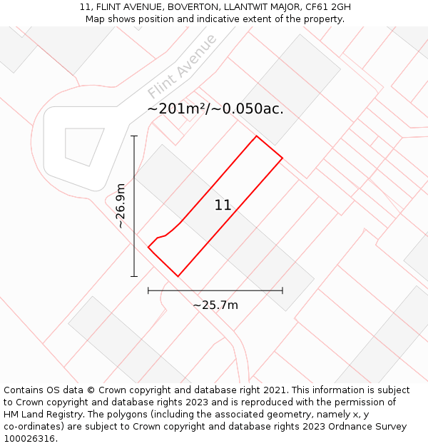 11, FLINT AVENUE, BOVERTON, LLANTWIT MAJOR, CF61 2GH: Plot and title map