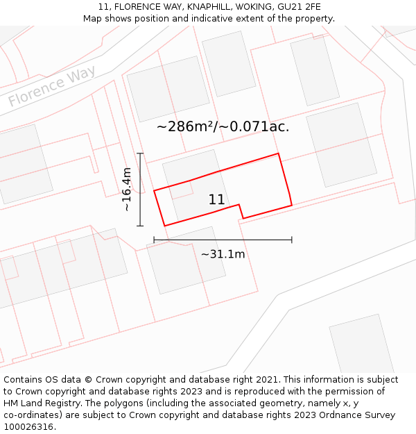 11, FLORENCE WAY, KNAPHILL, WOKING, GU21 2FE: Plot and title map