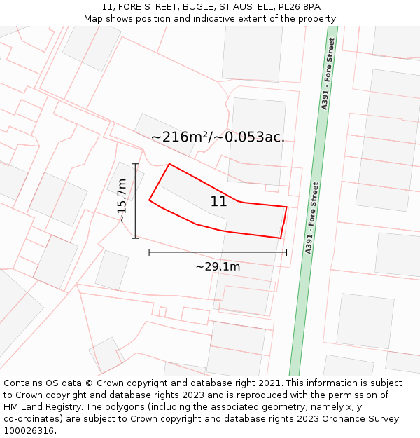 11, FORE STREET, BUGLE, ST AUSTELL, PL26 8PA: Plot and title map