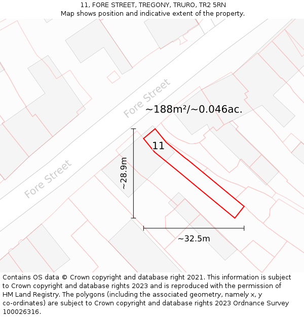 11, FORE STREET, TREGONY, TRURO, TR2 5RN: Plot and title map
