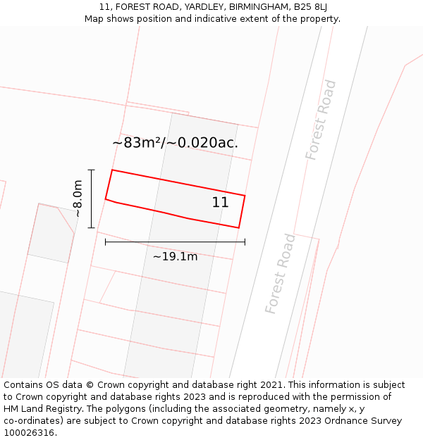 11, FOREST ROAD, YARDLEY, BIRMINGHAM, B25 8LJ: Plot and title map