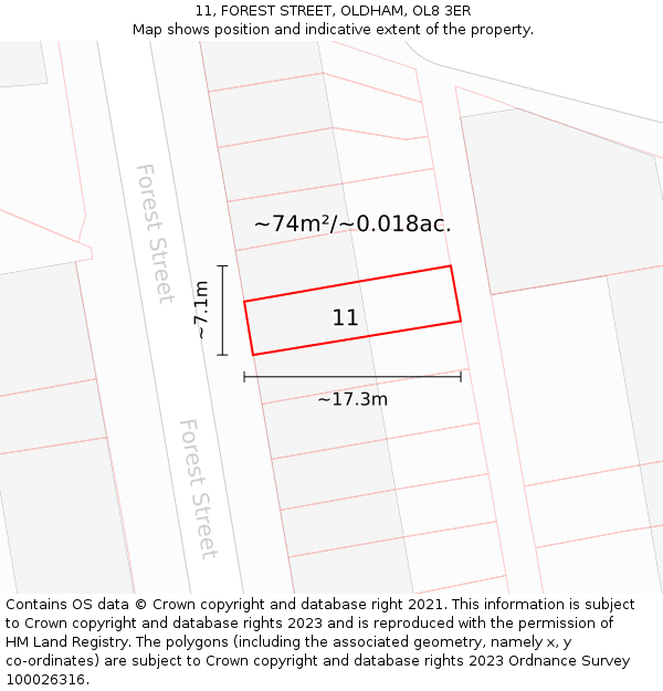 11, FOREST STREET, OLDHAM, OL8 3ER: Plot and title map