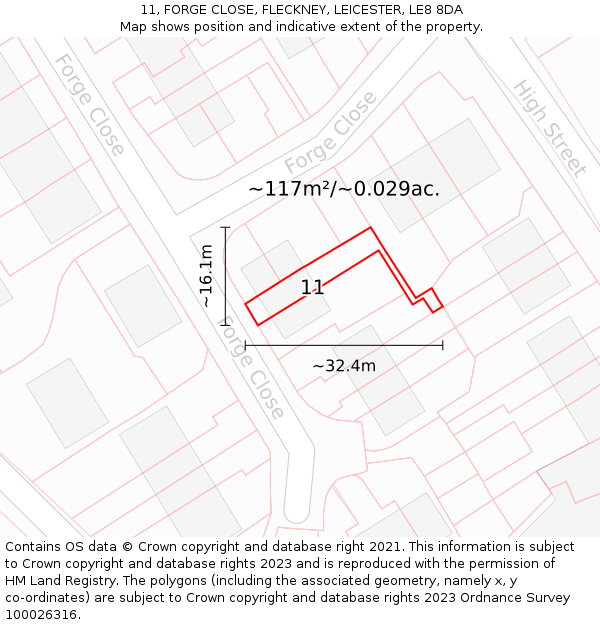 11, FORGE CLOSE, FLECKNEY, LEICESTER, LE8 8DA: Plot and title map
