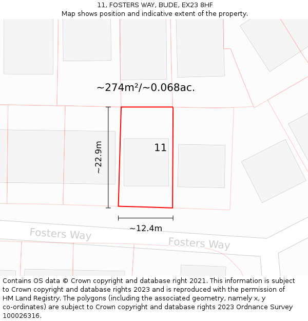 11, FOSTERS WAY, BUDE, EX23 8HF: Plot and title map
