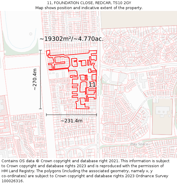 11, FOUNDATION CLOSE, REDCAR, TS10 2GY: Plot and title map