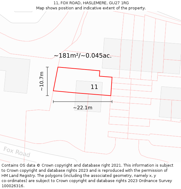 11, FOX ROAD, HASLEMERE, GU27 1RG: Plot and title map