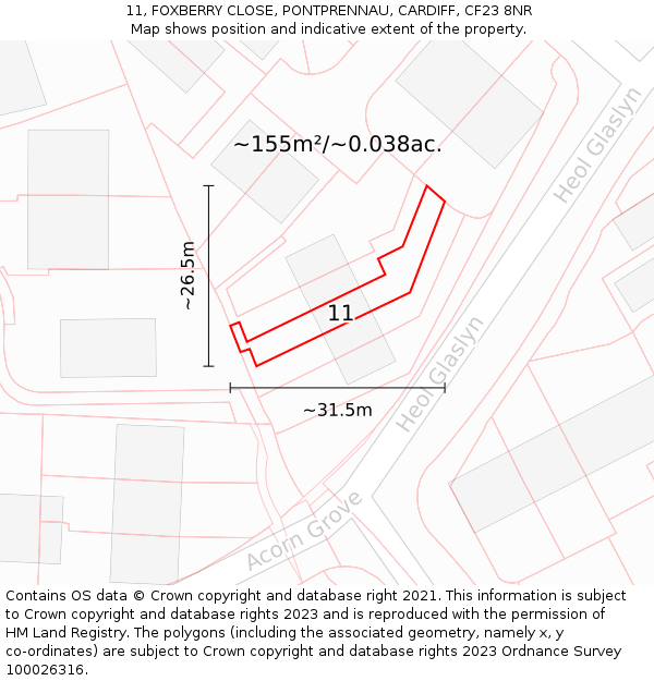 11, FOXBERRY CLOSE, PONTPRENNAU, CARDIFF, CF23 8NR: Plot and title map
