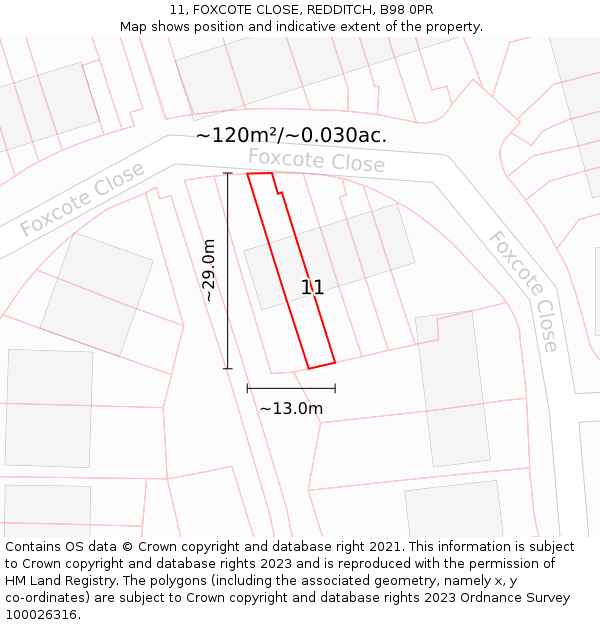 11, FOXCOTE CLOSE, REDDITCH, B98 0PR: Plot and title map
