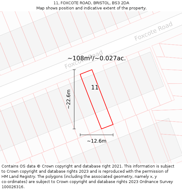 11, FOXCOTE ROAD, BRISTOL, BS3 2DA: Plot and title map
