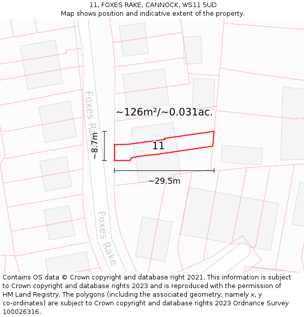 11, FOXES RAKE, CANNOCK, WS11 5UD: Plot and title map