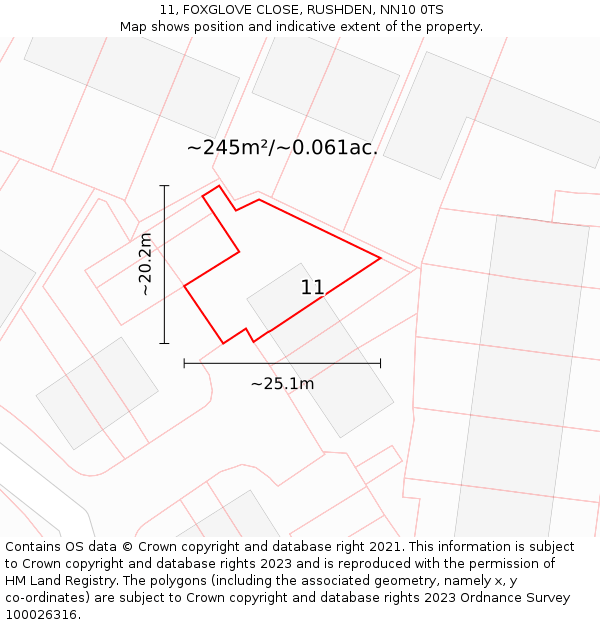 11, FOXGLOVE CLOSE, RUSHDEN, NN10 0TS: Plot and title map