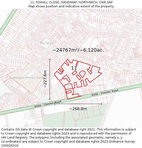 11, FOXHILL CLOSE, SANDIWAY, NORTHWICH, CW8 2AP: Plot and title map