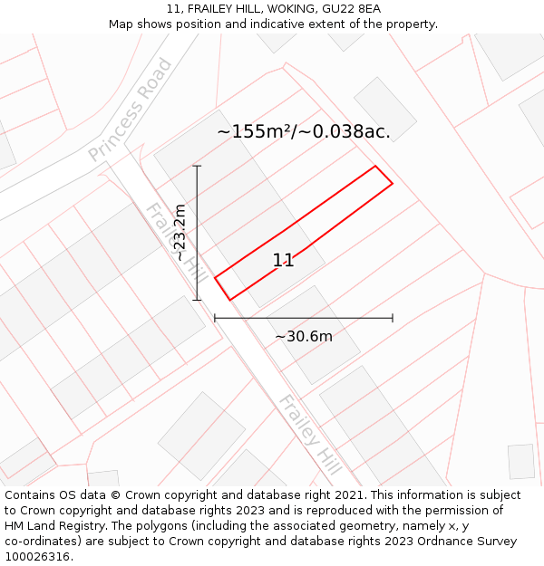 11, FRAILEY HILL, WOKING, GU22 8EA: Plot and title map