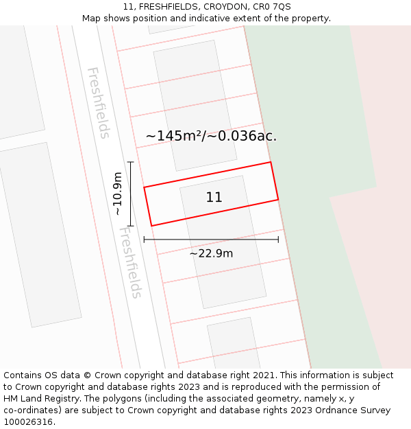 11, FRESHFIELDS, CROYDON, CR0 7QS: Plot and title map