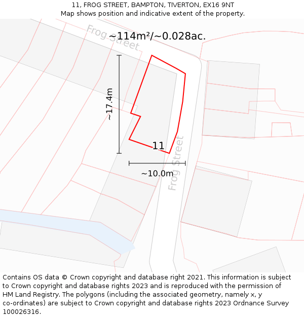 11, FROG STREET, BAMPTON, TIVERTON, EX16 9NT: Plot and title map