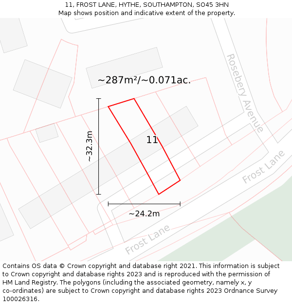 11, FROST LANE, HYTHE, SOUTHAMPTON, SO45 3HN: Plot and title map