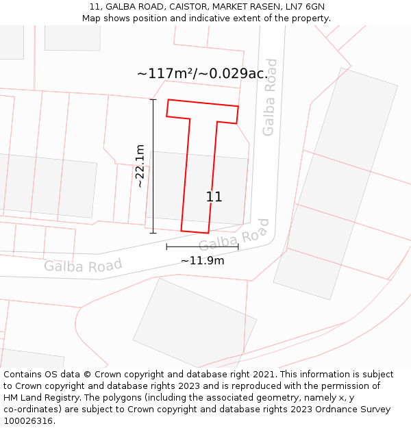 11, GALBA ROAD, CAISTOR, MARKET RASEN, LN7 6GN: Plot and title map
