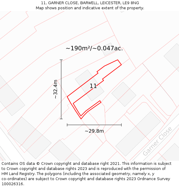 11, GARNER CLOSE, BARWELL, LEICESTER, LE9 8NG: Plot and title map