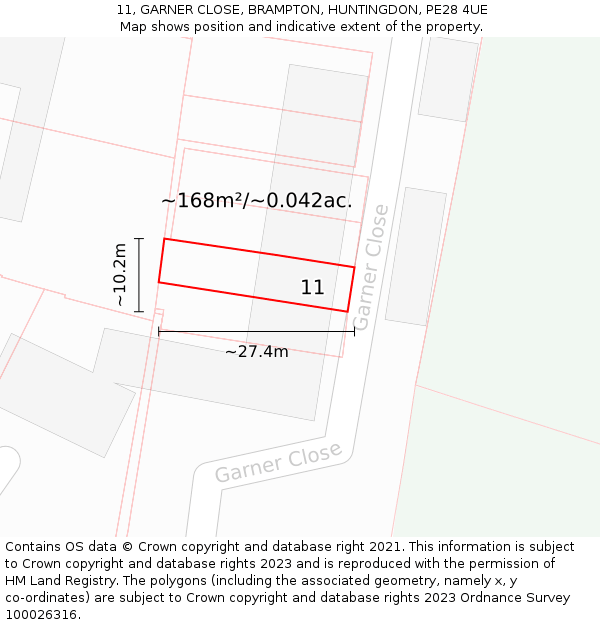 11, GARNER CLOSE, BRAMPTON, HUNTINGDON, PE28 4UE: Plot and title map