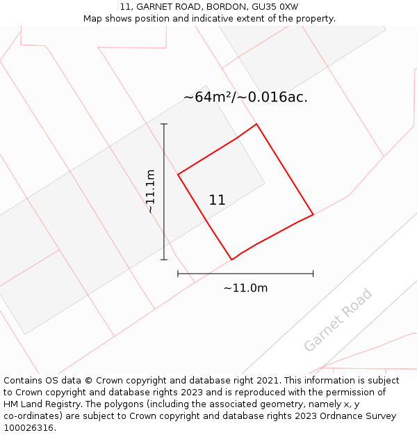 11, GARNET ROAD, BORDON, GU35 0XW: Plot and title map