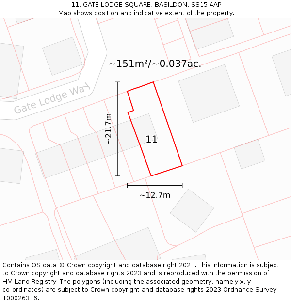 11, GATE LODGE SQUARE, BASILDON, SS15 4AP: Plot and title map