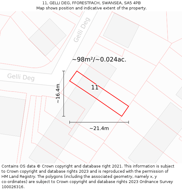 11, GELLI DEG, FFORESTFACH, SWANSEA, SA5 4PB: Plot and title map