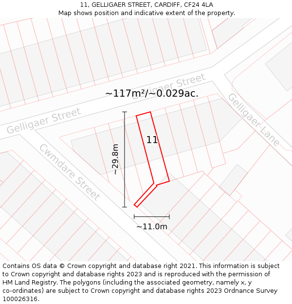 11, GELLIGAER STREET, CARDIFF, CF24 4LA: Plot and title map
