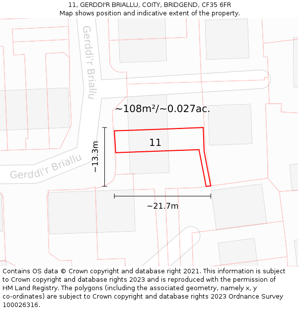 11, GERDDI'R BRIALLU, COITY, BRIDGEND, CF35 6FR: Plot and title map