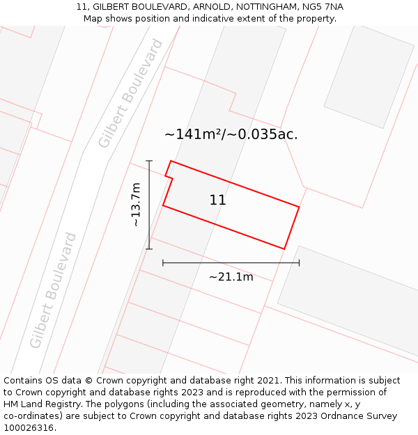 11, GILBERT BOULEVARD, ARNOLD, NOTTINGHAM, NG5 7NA: Plot and title map