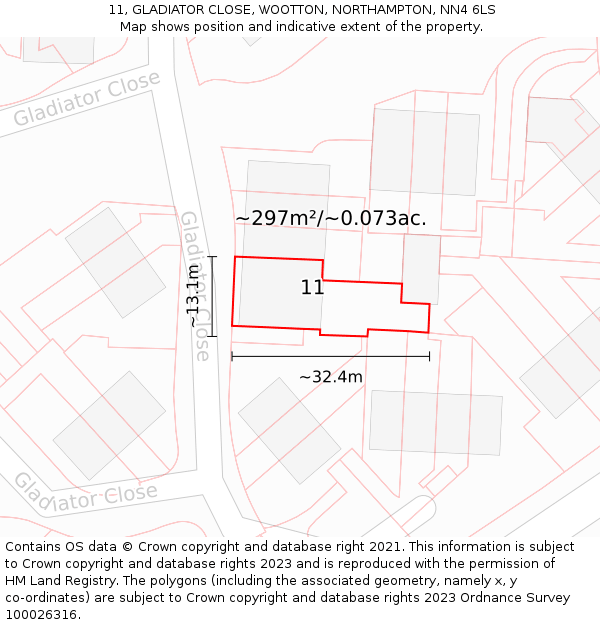 11, GLADIATOR CLOSE, WOOTTON, NORTHAMPTON, NN4 6LS: Plot and title map