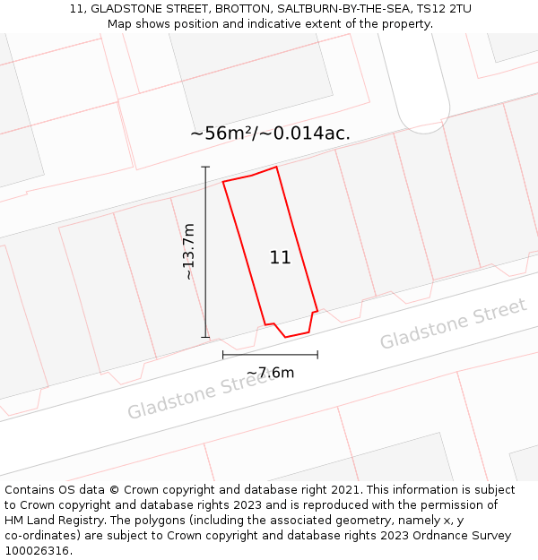 11, GLADSTONE STREET, BROTTON, SALTBURN-BY-THE-SEA, TS12 2TU: Plot and title map