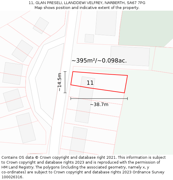 11, GLAN PRESELI, LLANDDEWI VELFREY, NARBERTH, SA67 7PG: Plot and title map