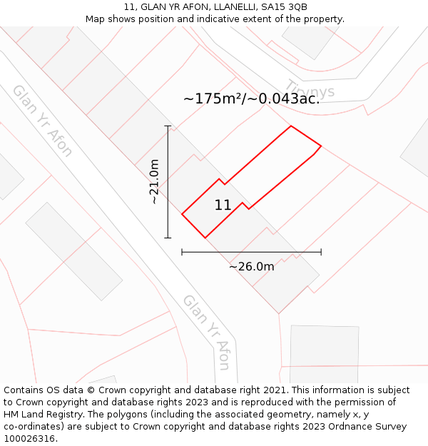 11, GLAN YR AFON, LLANELLI, SA15 3QB: Plot and title map