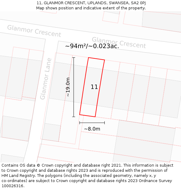 11, GLANMOR CRESCENT, UPLANDS, SWANSEA, SA2 0PJ: Plot and title map
